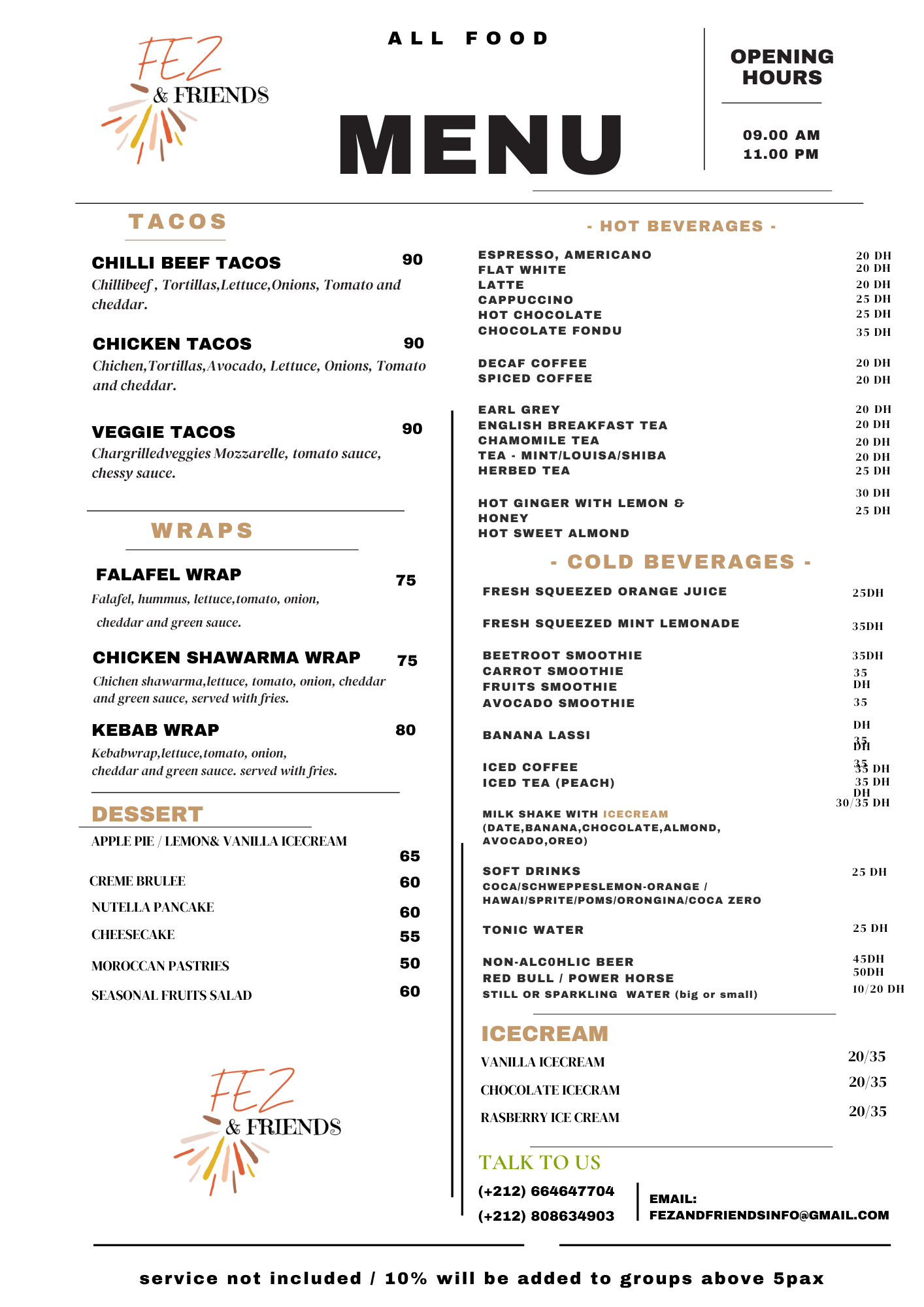 Fez and friends menu